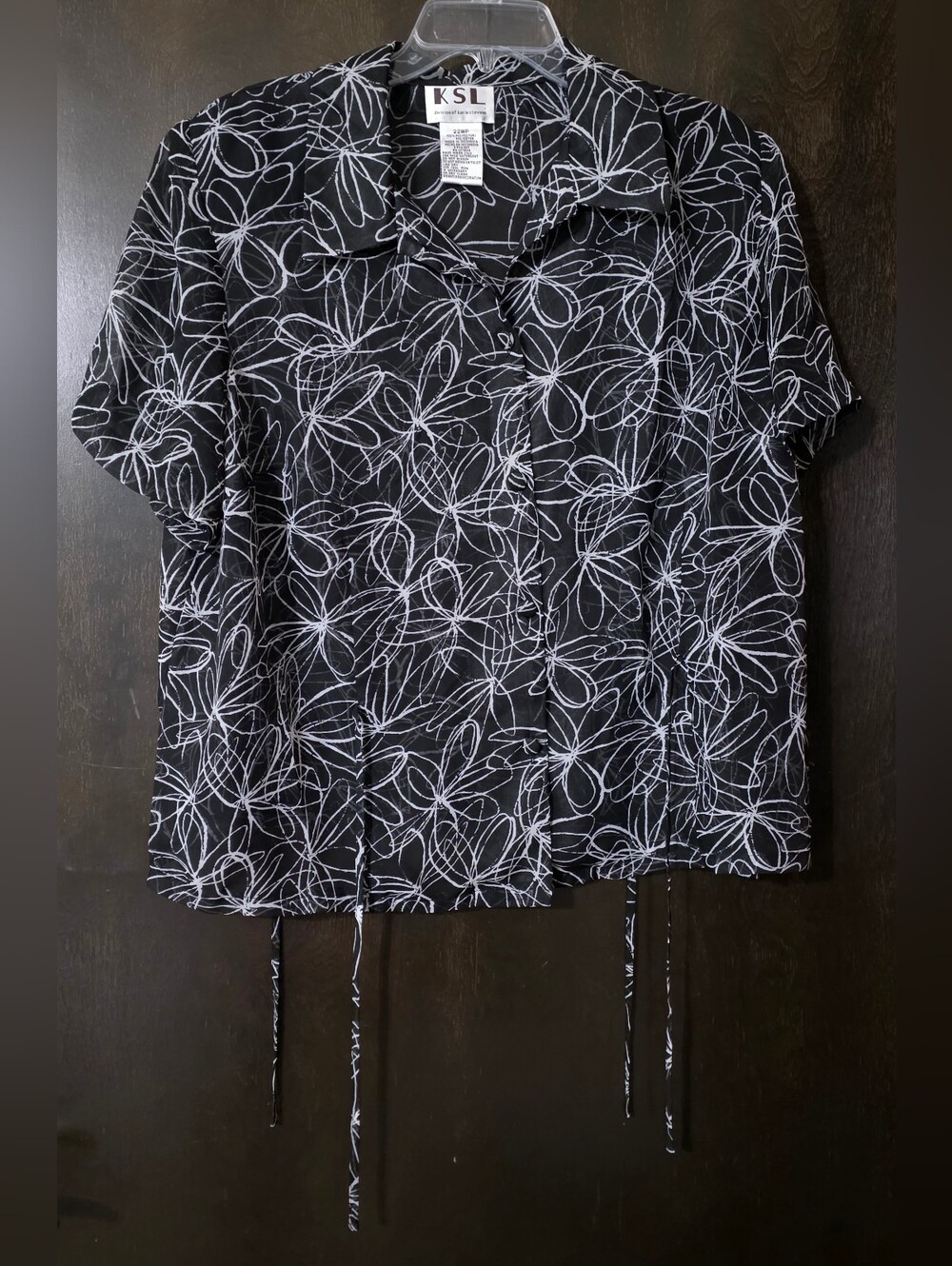 karin stevens Black Short Sleeve Button-Down Blouse Sheer Side Ties Size 22WP